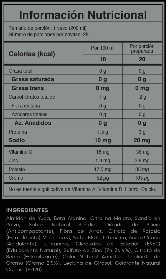 PRE SPORT · 28 días · Tabla nutricional oficial Colombia