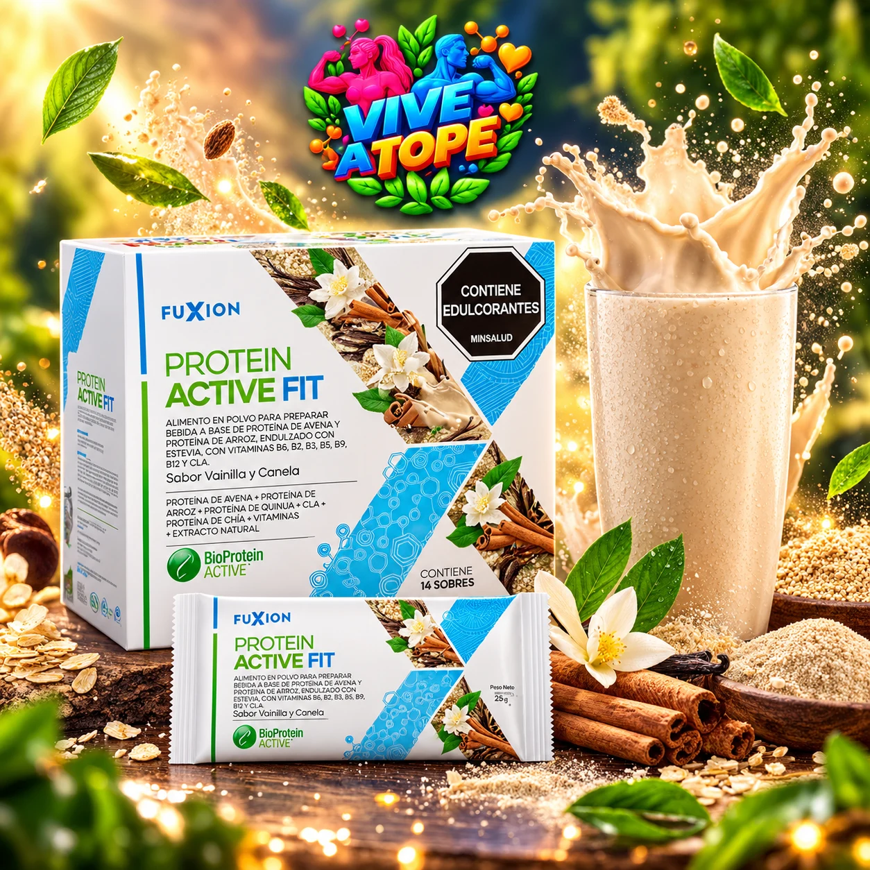 PROTEIN ACTIVE FIT · Vainilla y Canela · envase Colombia
