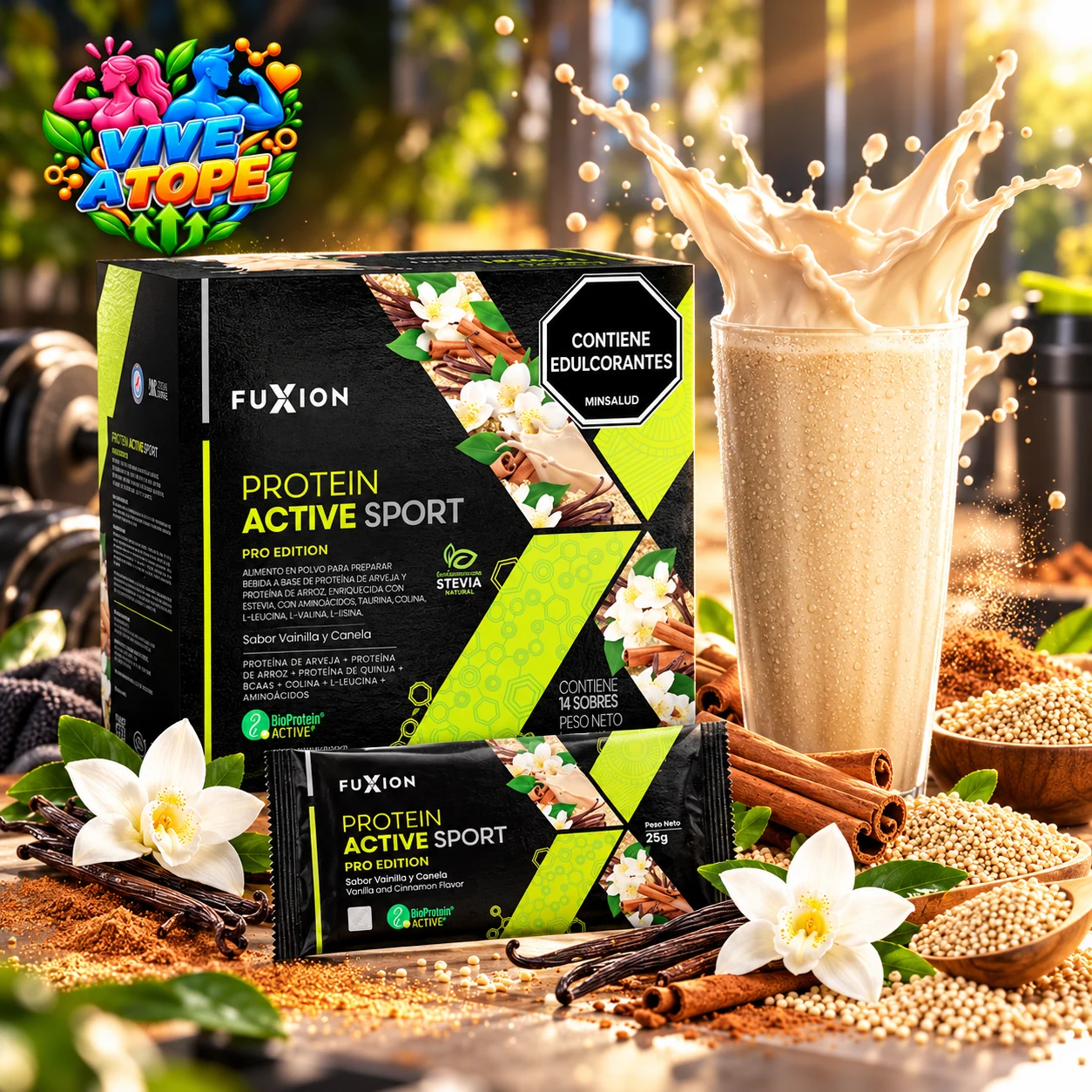 PROTEIN ACTIVE SPORT · VAINILLA Y CANELA · 14 sobres · empaque Colombia
